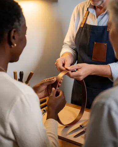 Une cliente examine attentivement une ceinture en cuir dans un atelier de maroquinerie, avec l'artisan et ses outils sur une table en bois.