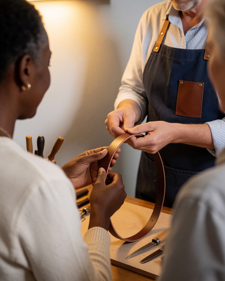 Une cliente examine attentivement une ceinture en cuir dans un atelier de maroquinerie, avec l'artisan et ses outils sur une table en bois.
