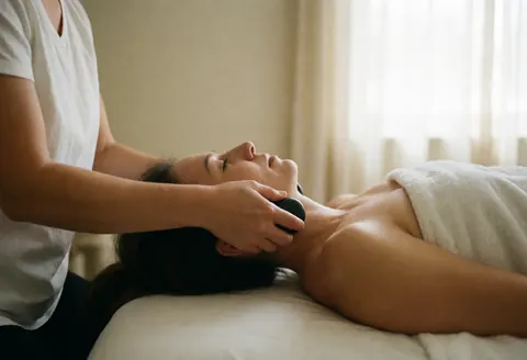 Un thérapeute applique un massage aux pierres chaudes sur le cou d'une cliente allongée sur une table blanche dans un salon de spa.