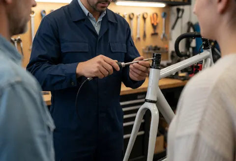 Un mécanicien en uniforme ajuste un cadre de vélo blanc dans son atelier pendant que deux clients observent le service.