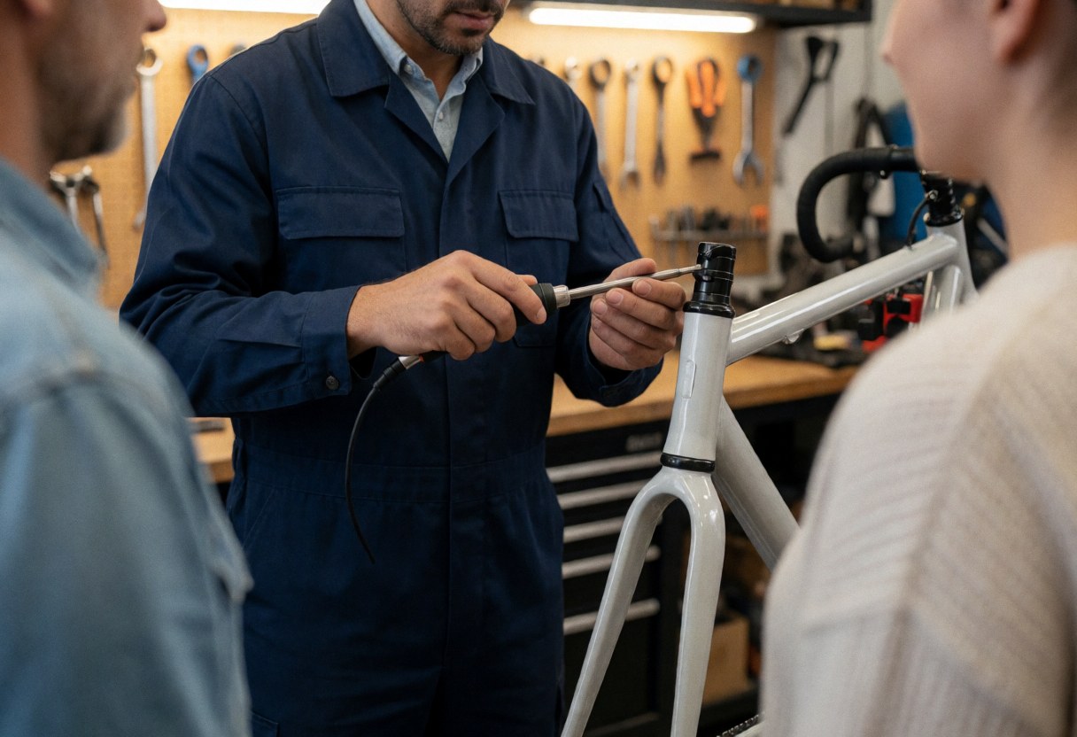 Un mécanicien en uniforme ajuste un cadre de vélo blanc dans son atelier pendant que deux clients observent le service.