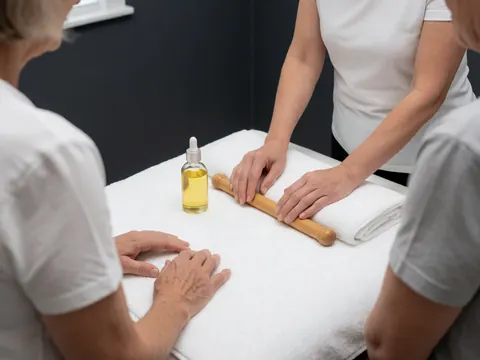 Thérapeute effectue un massage maternel avec un bâton de bois sur une surface blanche, accompagné d'une bouteille d'huile thérapeutique dans un espace aux murs gris.