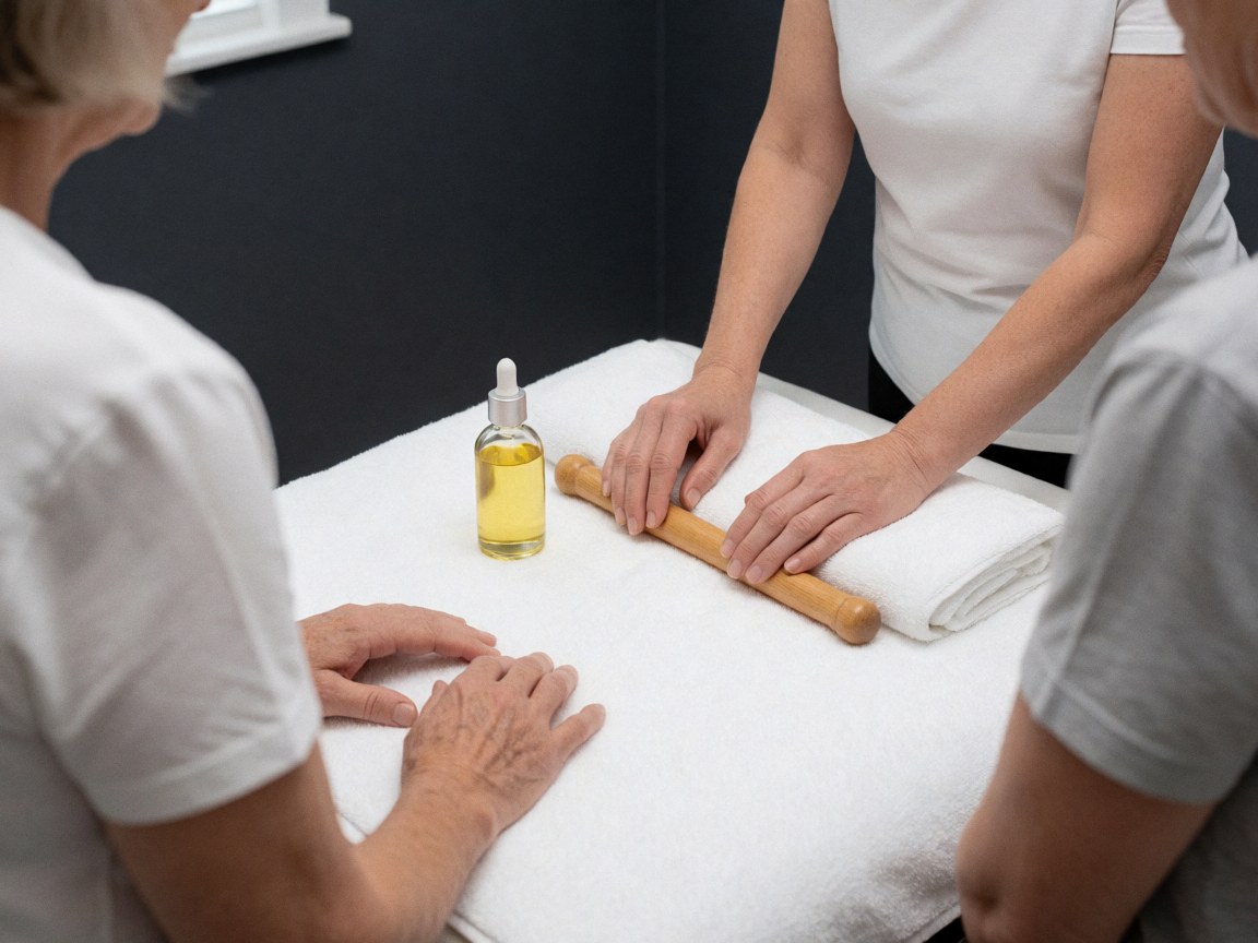 Thérapeute effectue un massage maternel avec un bâton de bois sur une surface blanche, accompagné d'une bouteille d'huile thérapeutique dans un espace aux murs gris.