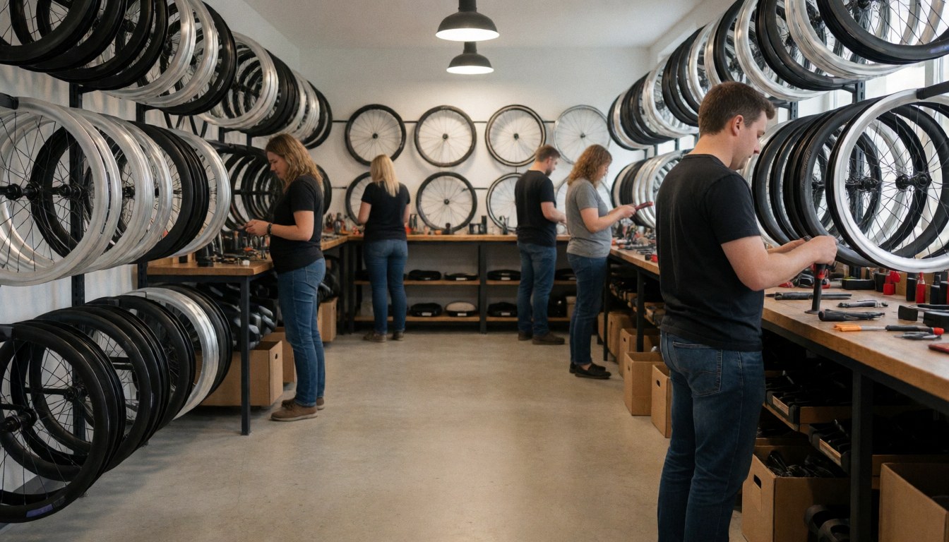 Atelier de réparation de vélos avec des roues en aluminium et carbone, personnes travaillant sur des tables, éclairage professionnel et sol en béton poli.