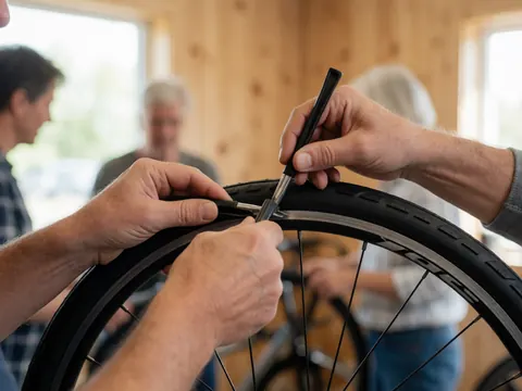 Technicien réparant un pneu de vélo avec des leviers en caoutchouc dans un atelier aux murs clairs.