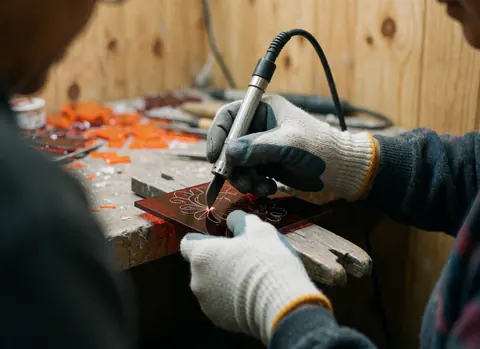 Une main gantée utilise un outil de gravure sur un morceau de verre rouge, posé sur une table de travail avec des fragments de verre orange et des murs en bois clair.