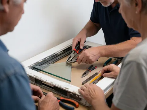 Trois personnes travaillent ensemble pour réparer un cadre de fenêtre avec du verre neuf et des outils dans un atelier de vitrerie décorative.