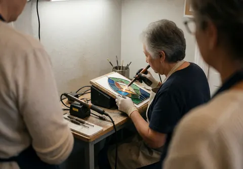 Artiste appliquant la soudure sur un vitrail coloré, entouré d'outils et de murs peints dans un atelier de verrerie décorative.
