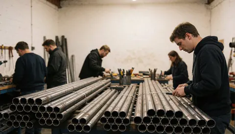 Des ouvriers utilisent des outils pour couper des tubes d'acier dans un atelier industriel aux murs blancs, avec un espace réservé au texte.
