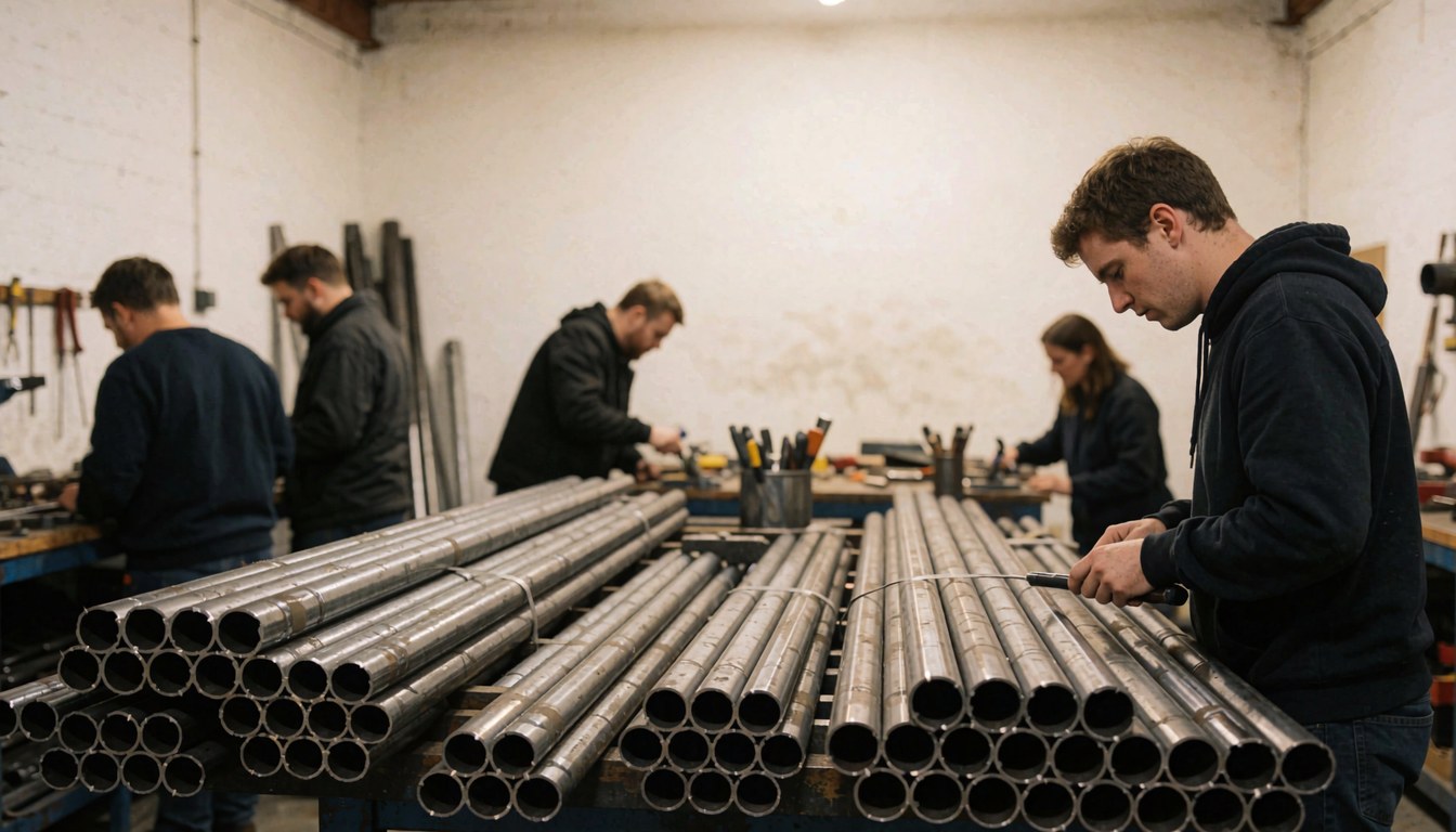 Des ouvriers utilisent des outils pour couper des tubes d'acier dans un atelier industriel aux murs blancs, avec un espace réservé au texte.