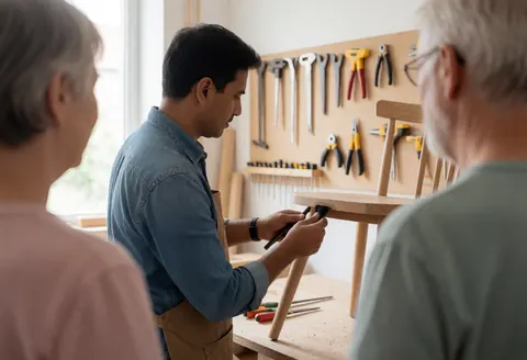 Un menuisier pose un embout sur la jambe d'une chaise en bois, avec des outils au mur et deux clients observant à l'arrière-plan.