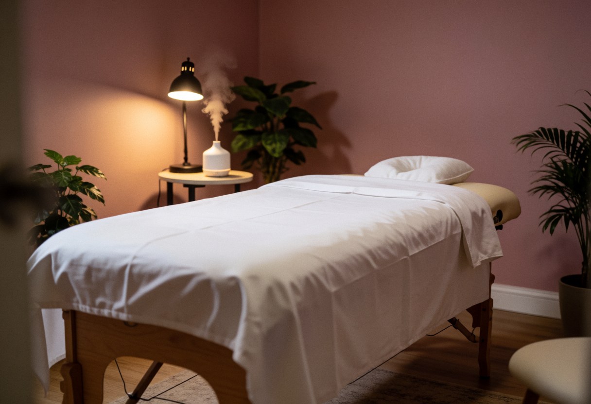 Salle de traitement dotée d'une table de massage, d'un diffuseur émettant de la vapeur et de plantes vertes sur fond de murs rose pâle.