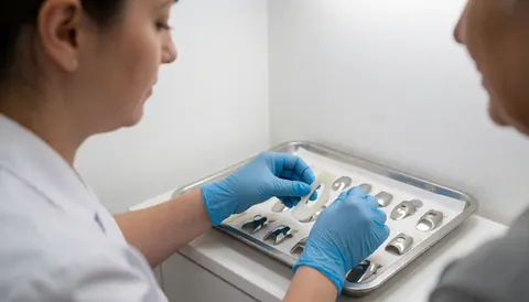 Un podologue portant des gants bleus choisit une attelle en silicone dans un stérilisateur métallique au sein d'une clinique de podologie aux murs blancs.