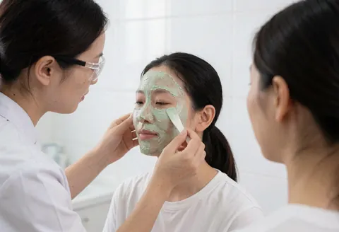 Un dermatologue avec une protection oculaire applique un masque vert sur le visage d'un client à l'aide d'une spatule dans un salon aux murs blancs.