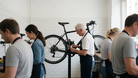 Plusieurs mécaniciens travaillent sur des vélos dans un atelier aux murs carrelés blancs, avec des outils visibles.