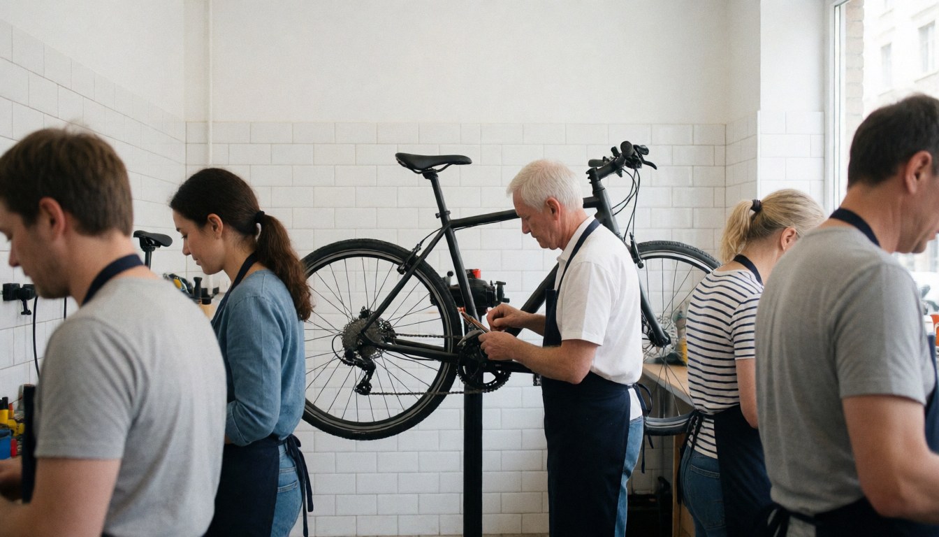 Plusieurs mécaniciens travaillent sur des vélos dans un atelier aux murs carrelés blancs, avec des outils visibles.
