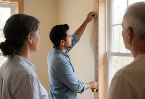 Un professionnel mesure un cadre de fenêtre dans une pièce aux murs beige pendant que des clients observent la scène.