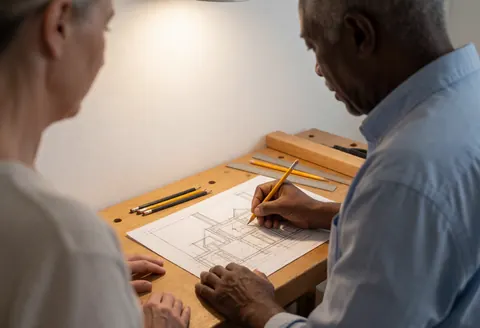 Un menuisier professionnel dessine des plans de restauration sur une table en bois avec une règle et des crayons, dans un intérieur éclairé par une lumière focalisée.