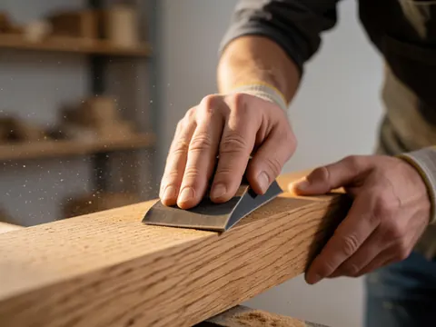 Des mains gantées poncent du bois de chêne dans un atelier avec de la poussière flottant dans une lumière chaude, outil de réparation visible.