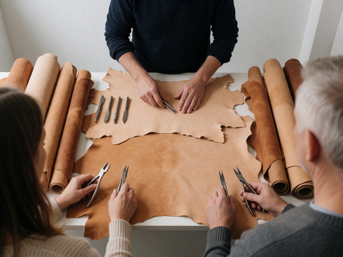 Des mains utilisent des rouleaux métalliques sur du cuir brut dans un atelier de maroquinerie.