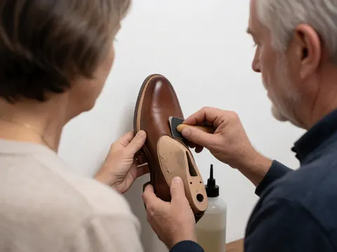 Un artisan applique de l'adhésif sur la semelle d'une chaussure en cuir posée sur un dernier, avec des outils de polissage et une bouteille de colle dans un atelier.