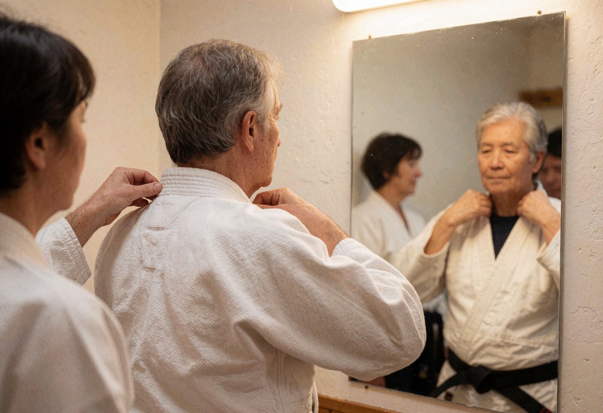 Une personne âgée ajuste son uniforme de karaté blanc devant un miroir dans un dojo lumineux aux murs blancs.
