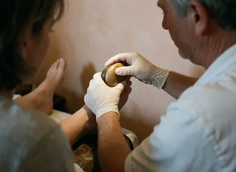 Thérapeute en reflexologie applique une pierre chaude sur le pied d'un client dans un cadre apaisant avec une lumière douce.