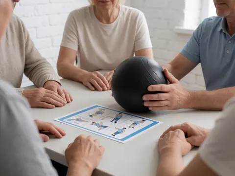 Mains adultes tenant une balle de massage avec un guide d'exercices sur une table blanche dans une salle aux murs de briques blanches pour le soin postnatal.