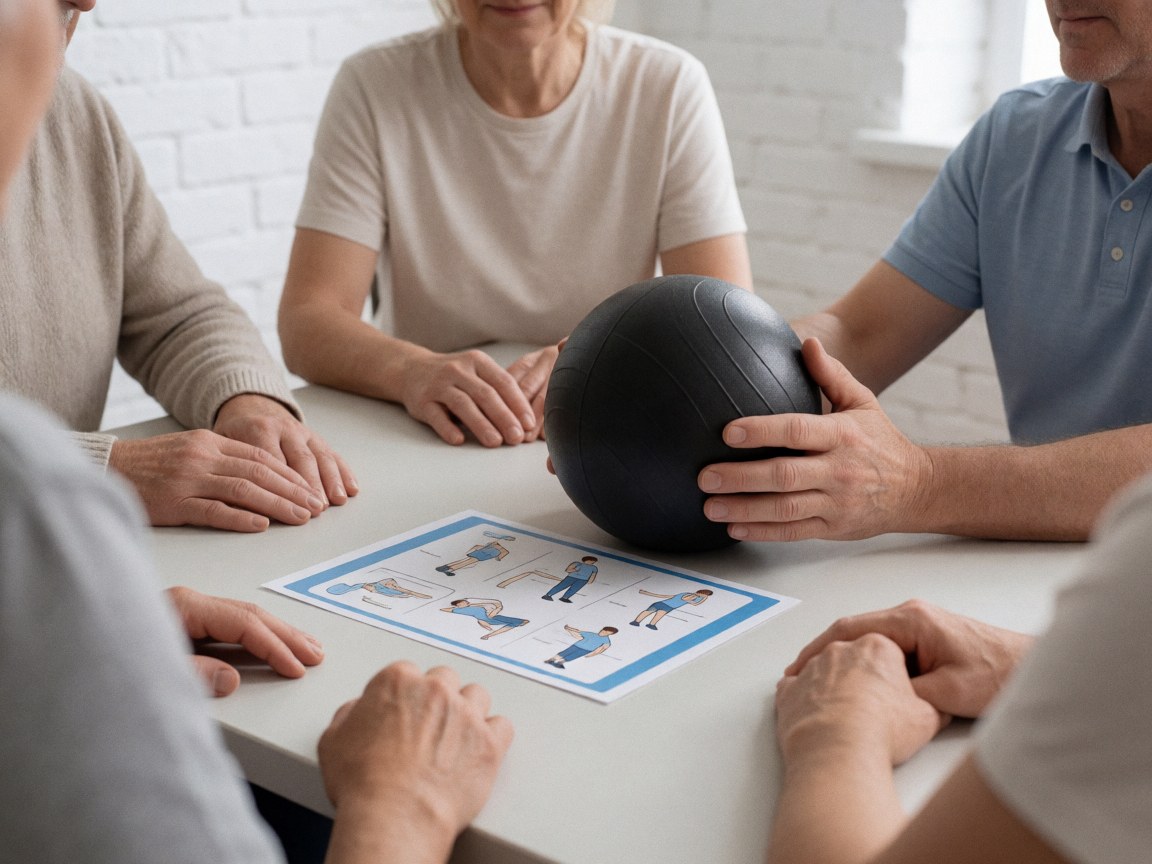 Mains adultes tenant une balle de massage avec un guide d'exercices sur une table blanche dans une salle aux murs de briques blanches pour le soin postnatal.