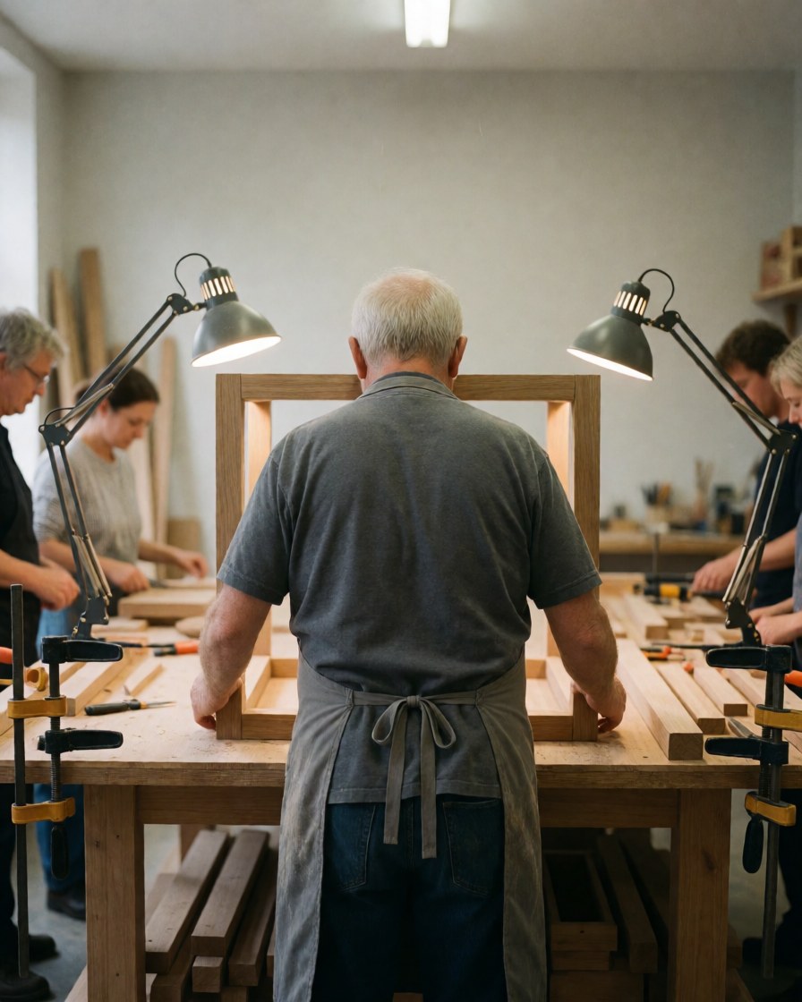 Un menuisier portant un tablier gris travaille sur une table en bois dans un atelier de réparation de meubles avec d'autres personnes.