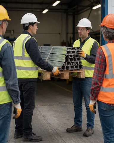 Des ouvriers en tenue de sécurité chargent des profilés métalliques alignés sur une palette dans un entrepôt industriel.