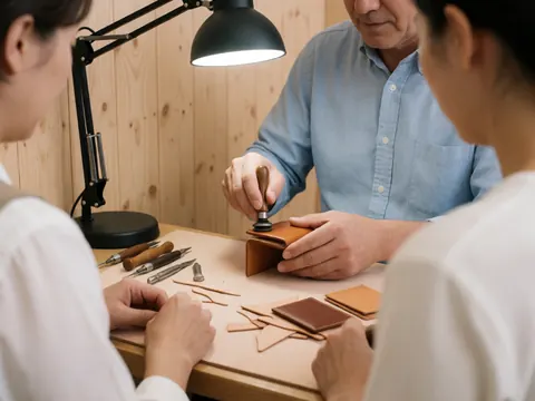 Un artisan utilise des outils pour lisser le rebord d'une sacoche sur une table en bois, éclairé par une lampe de bureau avec des pièces de cuir brut visibles.