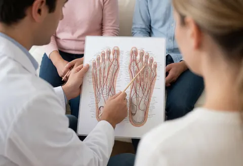 Un réflexologue tient une carte anatomique des pieds pour expliquer les zones de pression à des clients assis dans un cabinet aux tons chauds.