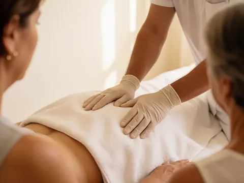 Des mains gantées effectuent un massage prénatal sur une cliente allongée, recouverte d'une serviette blanche, dans un studio aux murs clairs et à la lumière douce.