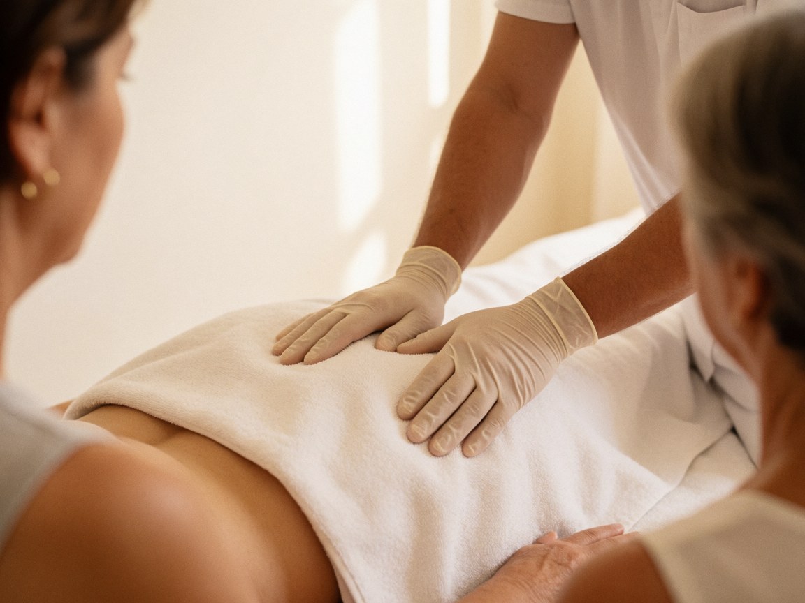 Des mains gantées effectuent un massage prénatal sur une cliente allongée, recouverte d'une serviette blanche, dans un studio aux murs clairs et à la lumière douce.