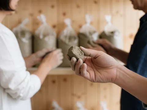 Une main saisit un fragment d'argile crue dans un atelier de céramique artisanale avec des sacs en arrière-plan et des murs en bois clair.