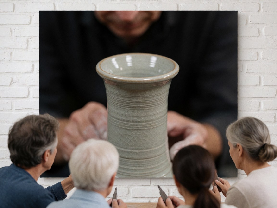 Vase en céramique craquelée, mains travaillant l'argile, mur de briques blanches, outils et personnes observant le processus artisanal.
