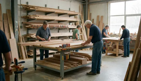 Des charpentiers travaillent dans un atelier avec des planches, des outils et des étagères en bois, illustrant la réparation de meubles.