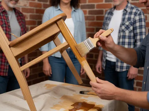 Un artisan applique du vernis sur une chaise en bois avec un pinceau, posée sur une toile, devant un mur de briques, tandis que d'autres personnes observent la réparation.