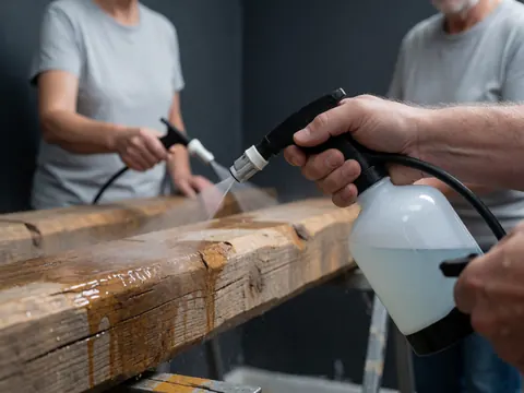 Des mains utilisent un pulvérisateur pour appliquer un traitement protecteur sur une surface en bois rustique, dans le cadre d'une réparation de meubles.