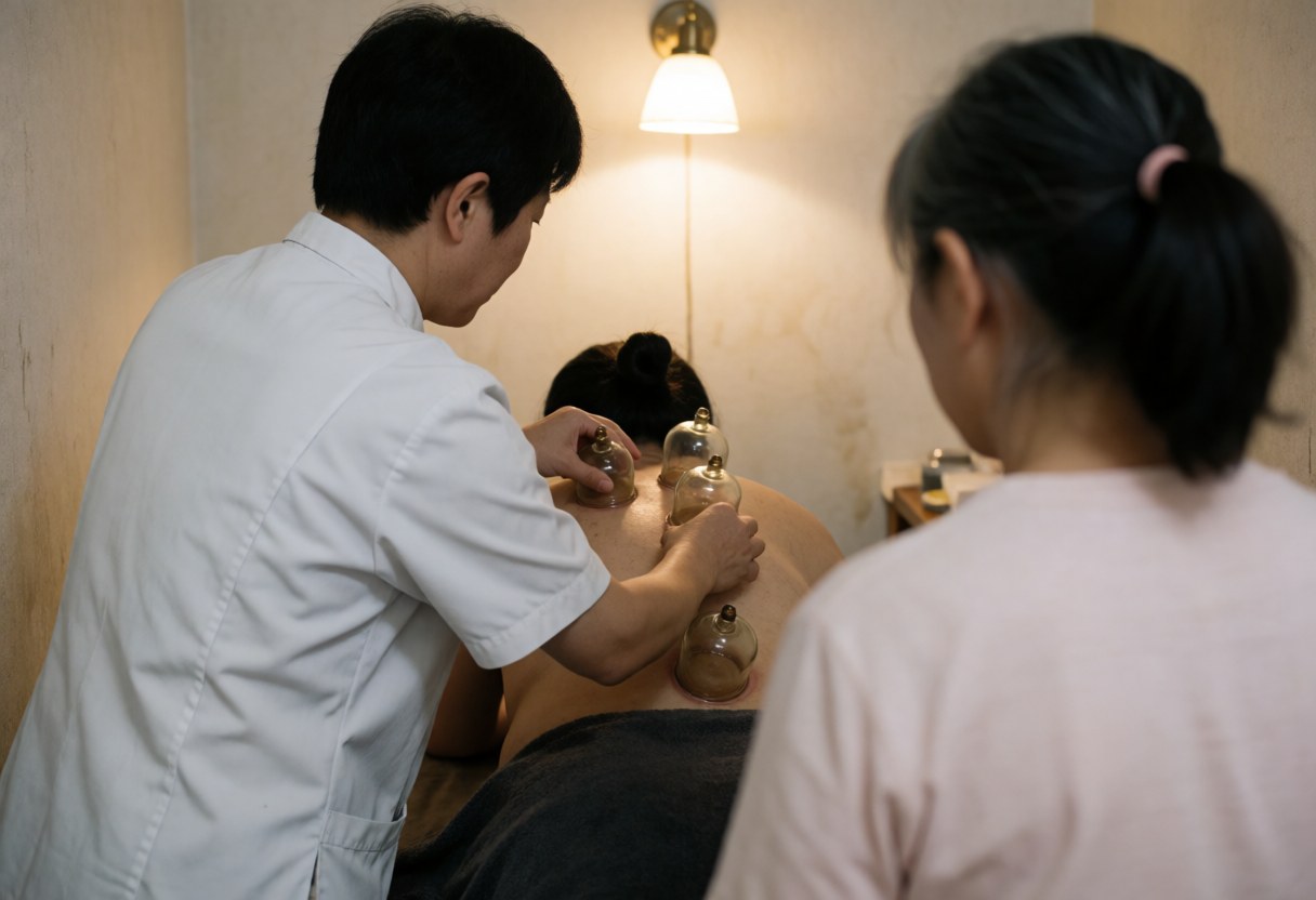 Un thérapeute applique des ventouses de cupping sur le dos nu d'un client allongé, tandis qu'une autre personne observe la scène dans un cadre professionnel et chaleureux.