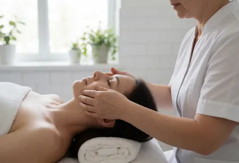 Un thérapeute réalise un massage facial sur un client allongé sur une table dans un centre de massage aux carreaux blancs et à la lumière naturelle.