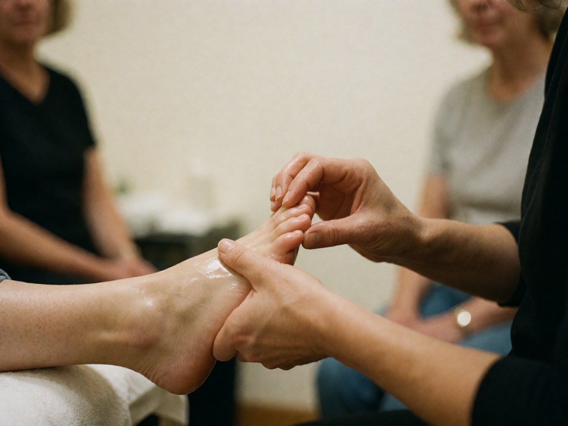 Des mains appliquent délicatement de l'huile sur un pied lors d'une séance de réflexologie dans un cadre clinique aux murs blancs et chaleureux.