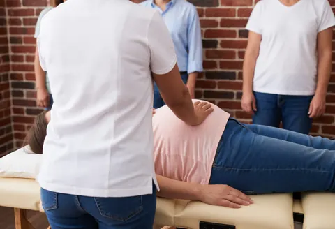 Une masseuse professionnelle réalise un massage thérapeutique sur une cliente enceinte, dans un cadre avec des murs en briques.