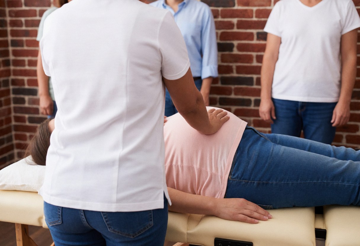 Une masseuse professionnelle réalise un massage thérapeutique sur une cliente enceinte, dans un cadre avec des murs en briques.