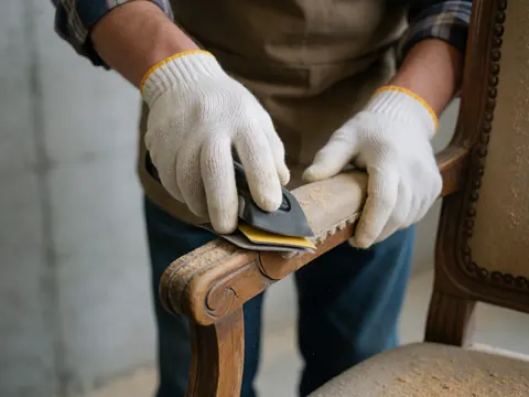 Une main gérée utilise une scie à bois sur une chaise en bois, avec du bois de fond et un mur de béton en arrière-plan, illustrant un service de réparation de meubles en action.
