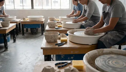 Des artistes façonnant l'argile sur des tours de poterie dans un atelier équipé d'outils et de matériaux, idéal pour illustrer la création artisanale.