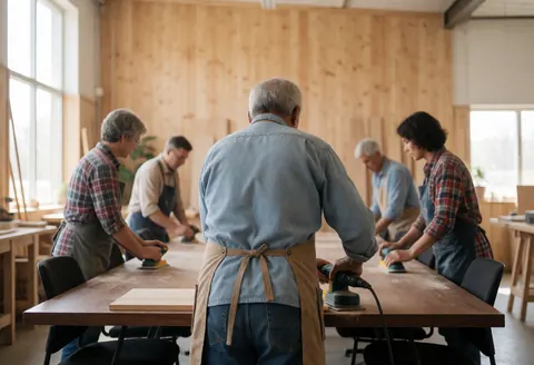 Un menuisier professionnel ponce une table en bois foncé dans un atelier avec des murs en bois et de la lumière naturelle, illustrant le service de réparation de meubles.