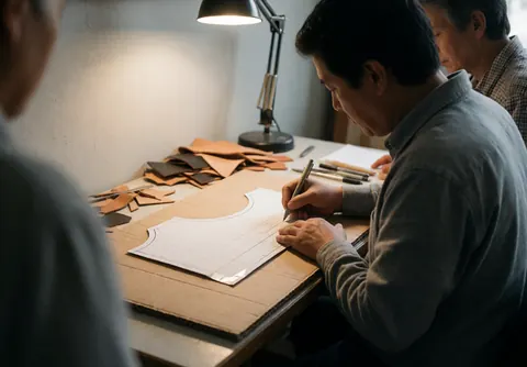 Mains d'un artisan dessinant un patron sur carton dans un atelier de maroquinerie, entouré de morceaux de cuir et éclairé par une lampe de bureau.