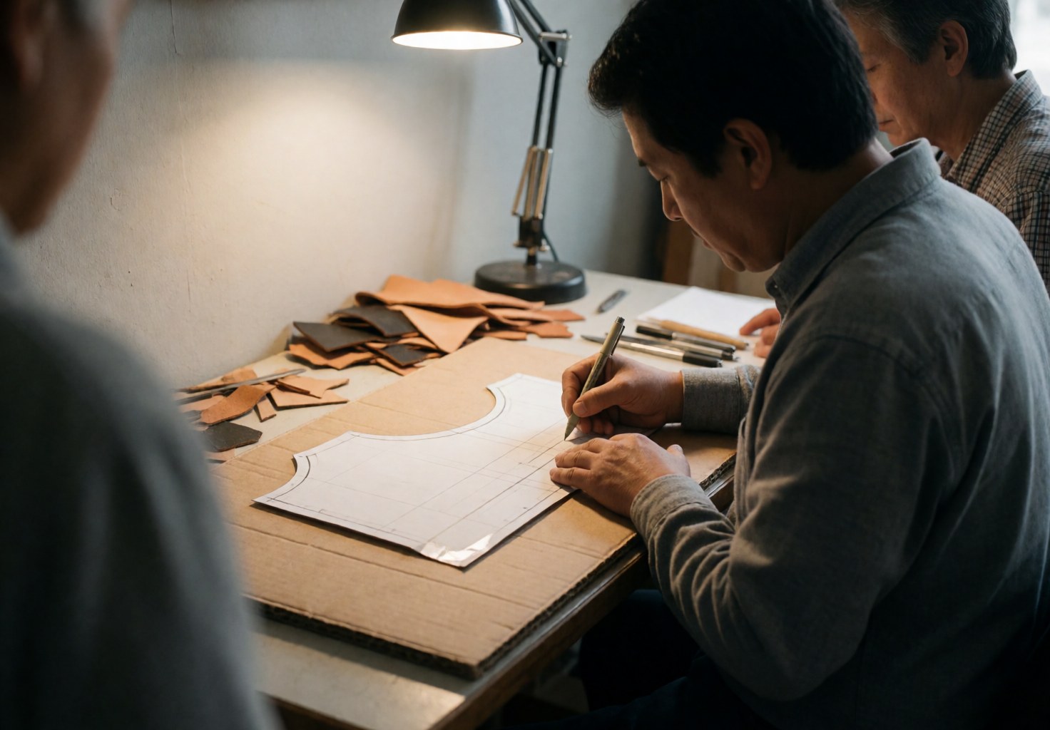Mains d'un artisan dessinant un patron sur carton dans un atelier de maroquinerie, entouré de morceaux de cuir et éclairé par une lampe de bureau.
